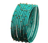 Touchstone "Silk Thread Bangle Collection Indian Bollywood Handcrafted Faux Silk Thread Exotic Look with Golden Beads Aqua Blue Designer Bangle Bracelets Set of 12 for Women.