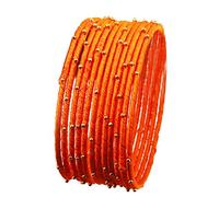 Touchstone "Silk Thread Bangle Collection Indian Bollywood Handcrafted Faux Silk Thread Exotic Look with Golden Beads Carrot Orange Designer Bangle Bracelets Set of 12 for Women.