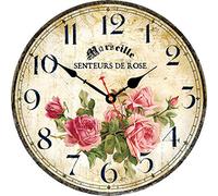 Toudorp Home 14 Inch Silent Non-Ticking Quartz Wooden Wall Clock - Round Battery Operated Indoor Decorative Vintage French Floral Clock (Pink Roses)
