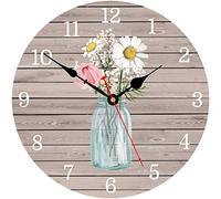 Toudorp Home Wall Clock 14 Inch Easy to Read Arabic Numerals Round Wall Clock Silent Non-Ticking Battery Operated Wooden Wall Clocks Decor for Bedroom, Living Room (Flowers in Glass Bottle)