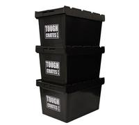Tough Crates 3 x Heavy Duty Plastic Storage Boxes Black With Attached Lids Stackable (60 Litre)