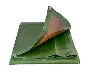 Tough heavy 220 gsm duty waterproof green with brown reverse tarpaulin/tarp cover sheet/extra eyelets at 50cm with reinforced corners,ideal as a camping ground sheet. (5m x 5m)
