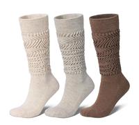 Tough Land Merino Wool Slouch Socks for Women Soft Knee High Scrunch Warm Cozy Stacked Boot Socks 3 Pack, Heather-（beige/Khaki/Brown）, 5-10