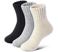 Tough Land Merino Wool Socks for Women 3 Pairs - Thick Cozy Crew Thermal Boot Socks for Hiking,Cabin Work,Gift,Everyday, 3 Pairs/Black/Grey/Beige, One size