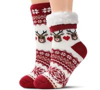 Tough Land Slipper Socks for Women with Grippers Non Slip, Sherpa Lined Slipper Socks, Christmas2, Large