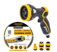 Tough Master 30 Metre Garden Hose Pipe 30M Reinforced Anti-Kink Water With Multi Spray Gun Starter Set 8 Function Spray Gun