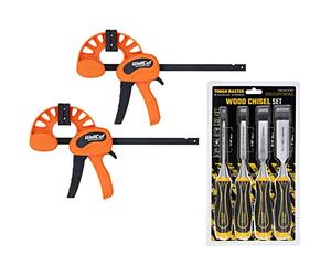 TOUGH MASTER Carving Chisel Set, 4 Piece Wood Carving Bevel Edge Chisel Tools, Carbon Steel, Strong Grip with 2 Piece Quick Grip Wood Working Bar Clamping Force of 70kg