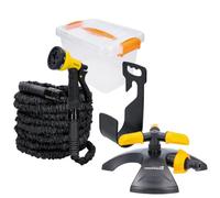 Tough Master Expandable Garden Hose 100FT Flexible Expanding Magic Watering Hose with 8 Function Spray Gun 3/4" 1/2" Fittings Leak-Proof Hose Pipe Comes in Plastic Storage Box (with 3 Arms Sprinkler)