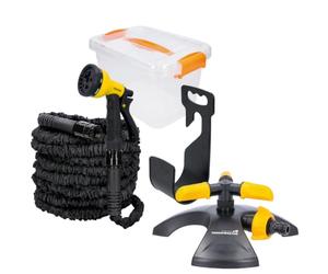 Tough Master Expandable Garden Hose 100FT Flexible Expanding Magic Watering Hose with 8 Function Spray Gun 3/4" 1/2" Fittings Leak-Proof Hose Pipe Comes in Plastic Storage Box (with 3 Arms Sprinkler)