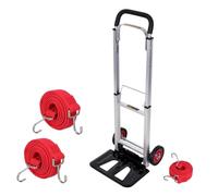 TOUGH MASTER Folding Hand Truck with 2 Flat Bungee Cords, 90 kg Capacity Aluminium Framed with Steel Platform Folding Trolley on Wheels with Extendable Handle