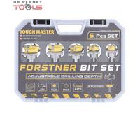 Forstner Bits TOUGH MASTER 5 Piece Carbide Tip, 15mm, 20mm, 25mm, 30mm, 35mm Diameter Plus 2 Hex Keys and Heavy Duty Case For Wood Working, DIY TCT Tool