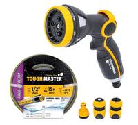 Tough Master Garden Hose Pipe Reinforced 15M / 50Ft With Multi Spray Gun Starter Set 8 Function Spray Gun
