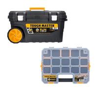 TOUGH MASTER Heavy-Duty Large Tool Box On Wheels with Trays Metal Handle Latches - Mobile Storage Box for - Convenient Storage Chest for Household DIY Items (With 17 Inch Organiser)