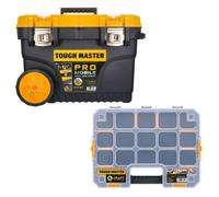 Large Tool Box On Wheels 24" Inch 62cm Professional Heavy Duty Toolbox Chest With Tote Tray 84 Litres Capacity 2 Wheels For Maintenance And Home TOUGH MASTER (With 17 Inch Organiser)