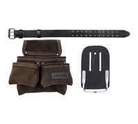 TOUGH MASTER Leather Tool Pouch, 4 Multi Pockets Suede Buffalo Leather Tool Work Pouch DIY Organiser for Builders, Carpenters, Gardeners, Electricians Brown (with Leather Belt+Hammer Holder)