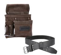 TOUGH MASTER Tool Belt Pouch, 3 Multi Pockets Suede Leather Nail Work, DIY Organiser for Builders, Carpenters, Gardeners, Electricians, Brown, 25 X 29cm, TM-318SP (With 1.4 M Leather Belt)