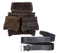 TOUGH MASTER Leather Work Belt 31”-53” Heavy Duty Double Pin Strong Buffalo Saddle for Tool Pouch Usage Builders, Carpenters, Electricians, Plumbers (With Large Leather Pouch)