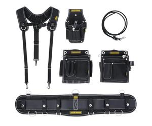 TOUGH MASTER Premium Tool Belt with Suspenders Drill Holster & Leather Work Belt, Professional Quality, Durable, Removable Multi-Pocket Pouches, Padded Belt with Massage Foam Support for Carpenters