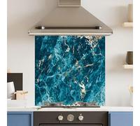 Toughened 6mm Glass Kitchen Splashback 60 x 60cm Dark Blue Gold Marble Polished Heat Resistant Back Splash for Cookers Hob