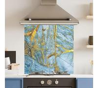 Toughened 6mm Glass Kitchen Splashback 60 x 60cm Light blue Gold Marble Polished Heat Resistant Back Splash for Cookers Hob