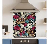 Toughened 6mm Glass Kitchen Splashback 60 x 65cm Blue Red Skull Tattoo Polished Heat Resistant Back Splash for Cookers Hob