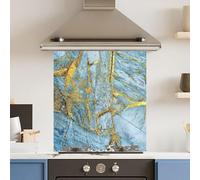 Toughened 6mm Glass Kitchen Splashback 60 x 65cm Light blue Gold Marble Polished Heat Resistant Back Splash for Cookers Hob