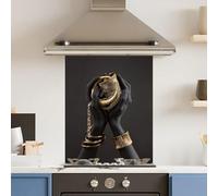 Toughened 6mm Glass Kitchen Splashback 60 x 75cm Gold Black Hands - Polished Heat Resistant Back Splash for Cookers Hob