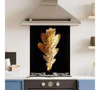 Toughened 6mm Glass Kitchen Splashback 60 x 75cm Gold Black Leaf - Polished Edge Heat Resistant Back Splash for Cookers Hob