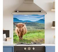Toughened 6mm Glass Kitchen Splashback 70 x 65cm Green HighHighland Cow Polished Heat Resistant Back Splash for Cookers Hob