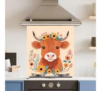 Toughened 6mm Glass Kitchen Splashback 70 x 75cm Floral Cow - Polished Edge Heat Resistant Back Splash for Cookers Hob