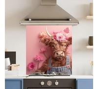Toughened 6mm Glass Kitchen Splashback 70 x 75cm Pink Floral Cow - Polished Edge Heat Resistant Back Splash for Cookers Hob