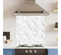 Toughened 6mm Glass Kitchen Splashback 70 x 75cm White Hexagon - Polished Edge Heat Resistant Back Splash for Cookers Hob