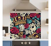 Toughened 6mm Glass Kitchen Splashback 90 x 65cm Blue Red Skull Tattoo Polished Heat Resistant Back Splash for Cookers Hob
