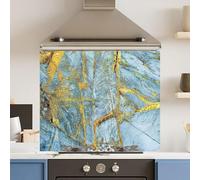 Toughened 6mm Glass Kitchen Splashback 90 x 65cm Light blue Gold Marble Polished Heat Resistant Back Splash for Cookers Hob