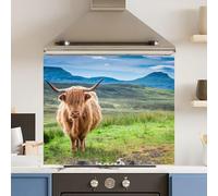 Toughened 6mm Glass Kitchen Splashback 90 x 75cm Green HighHighland Cow Polished Heat Resistant Back Splash for Cookers Hob