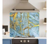 Toughened 6mm Glass Kitchen Splashback 90 x 75cm Light blue Gold Marble Polished Heat Resistant Back Splash for Cookers Hob