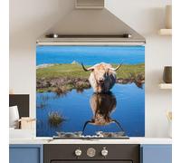 Toughened 6mm Glass Kitchen Splashback 90 x 75cm Water HighHighland Cow Polished Heat Resistant Back Splash for Cookers Hob