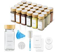 ToughHub 24 Pcs Glass Spice Jars with Bamboo Lids - 120ml Airtight Spice Containers with Shaker Lids, 96 Pre-Printed English Labels, Silicone Funnel & Cleaning Brush - Spice Bottles for Home Kitchen