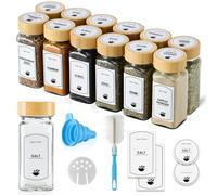 ToughHub Glass Spices Jars 12 pcs with Bamboo Lids - 4 Oz Airtight Spice Containers with Shaker Lids, 96 Pre-Printed English Labels, Silicone Funnel & Cleaning Brush-Spice Bottles for Home Kitchen