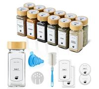 ToughHub Glass Spices Jars 12 Pcs with Bamboo Lids - 4 Oz Airtight Spice Containers with Shaker Lids, 96 Pre-Printed English Labels, Silicone Funnel & Cleaning Brush-Spice Bottles for Home Kitchen
