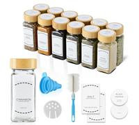 ToughHub Glass Spices Jars with Bamboo Lids - 120ml Airtight Spice Containers with Shaker Lids, 96 Pre-Printed English Labels, Silicone Funnel & Cleaning Brush-Spice Bottles for Home Kitchen (12 Pack)