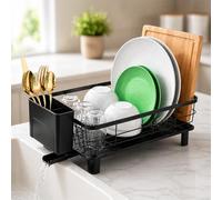 ToughHub Large Dish Drainer Rack for Kitchen Counter - Black Anti-Rust Metal Space Saving Kitchen Dish Drying Rack with Drip Tray & 360° Rotatable Spout, Cutlery Holder & Cutting Board Organizer