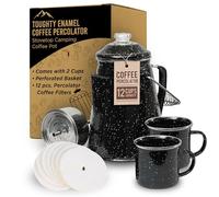 Toughty Enamel Coffee Percolator - Stovetop Coffee Maker for Camping, Open Fire, Grill, or Stove - Vintage Coffee Pot - Durable Old-Fashioned Metal Percolator w/ 2 Cups & 12 Coffee Filters - Black