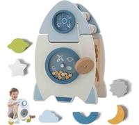 Toujour Cosmic Explorer Playset, Wooden Space Toy, 5 in 1 Rocket Shape Montessori Edu Game with Shape Sorting, Bead Maze, Abacus, Sensory Activity Cube Learning Game,Wooden Busy Board for All People