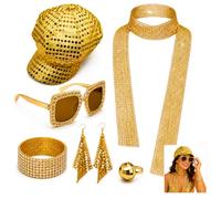 TOUKBEAU ABBA Costume & Accessories Set for Women - 70s Disco Full Outfit with Glitter Hat, Scarf, Sunglasses, Bracelet, Earrings & Ring for Theme Party (Gold)