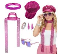 TOUKBEAU ABBA Costume & Accessories Set for Women - 70s Disco Full Outfit with Glitter Hat, Scarf, Sunglasses, Bracelet, Earrings & Ring for Theme Party (Fuchsia/Rose Red)