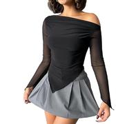 TouKingda Black Sheer Tops for Women Long Sleeve Mesh Top Off The Shoulder Y2K Going Out Tops Club Outfits Shirts Blouses Casual Sexy Slim Fit Basic T-Shirt for Party Clubwear, L