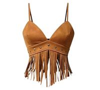 TouKingda Faux Suede Vintage Fringe Sleeveless Spaghetti Strap Halter Top | Women's Tassel Western Cowgirl Y2K Summer Tank Top, Vintage Backless Tie 70s Hippie Crop Top for Halloween Disco Fancy Dress