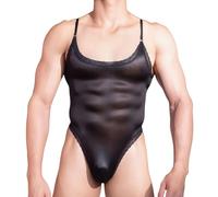 TouKingda Men's Glossy Sexy Bodysuit Sissy Lingerie Set for Men U Neck Lace Trim Leotard Stretchy Camisole Tops Thong Underwear Slim Fit Outfits Naughty Nightwear Party Club Costume, Black
