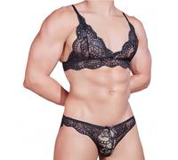 TouKingda Mens Lace Lingerie Set 2 Pcs Floral Lace Sissy Bra Panties Set